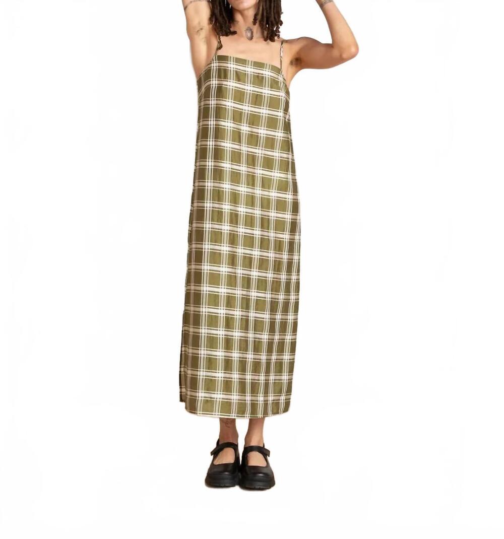 NEW ALI GOLDEN square neck slip dress in olive plaid